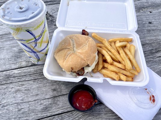 Bacon cheeseburger, fries and large fountain drink