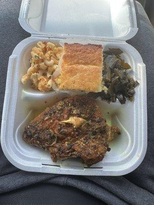 Lemon pepper curry baked chicken greens Mac and cheese and corn bread