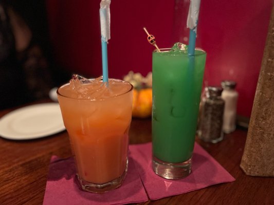 Fruity Mocktail and "Witch's Brew" (Vodka, Orange Juice, Melon Liqueur, Blue Curaçao)