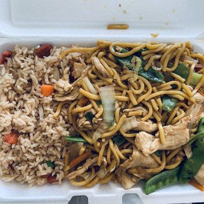 Lunch chicken Lo mein and roast pork fried rice