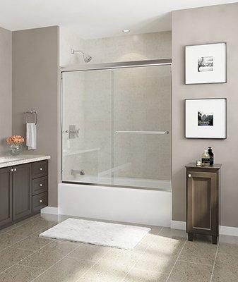 Bi-pass semi-frameless tub enclosure.