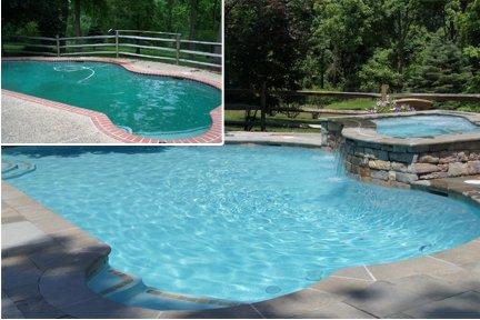 Before and after photos of a pool renovation with in-ground spa addition.