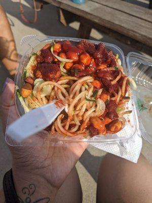 Cucumber noodles topped with chamoy, lime and Japanese peanuts. Delicious and refreshing!