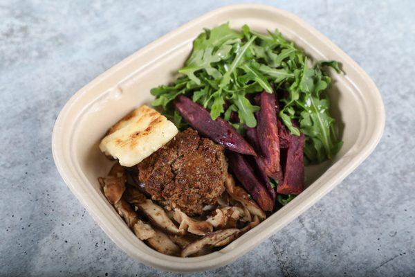 Wagyu Burger with Feta Cheese and Sweet Purple Potatoes