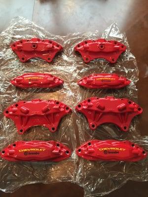 Fire engine red powder coated Brembo brake calipers. Awesome work! Thank you Sam for the quick turn around time!