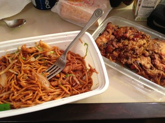 Chicken Lo mein next to roast pork egg foo young