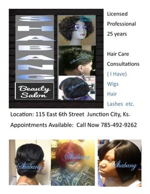 Shabang Beauty Salon : Master Hairstylist License in all phases of Hair Care/Cuts. Wigs/ Hair Extensions are available.