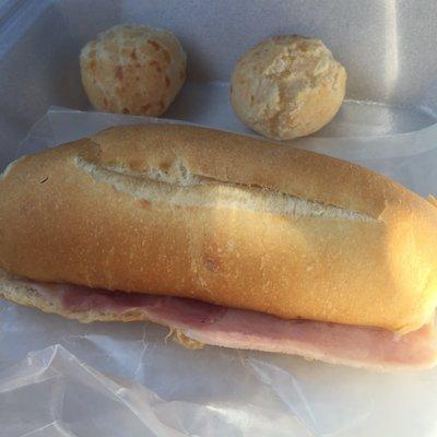 Cheese balls/ pao de queijo and ham and cheese on French bread roll (pao de chapa)