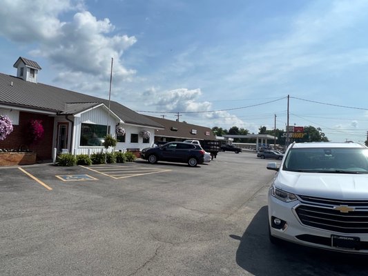 The restaurant and parking lot.