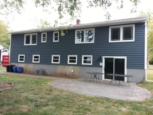 Mezzo Double Hung and Casement Vinyl Windows, Traditional Vinyl Shake, White Trim