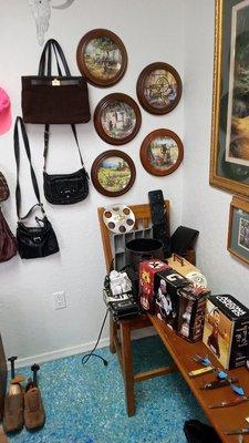 Collectibles framed bobbleheads, purses