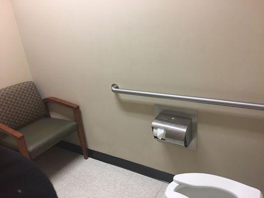 Nice, clean bathroom with room for wheelchair or walker AND a caretaker to wait.