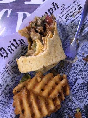 Chicken wrap and waffle fries