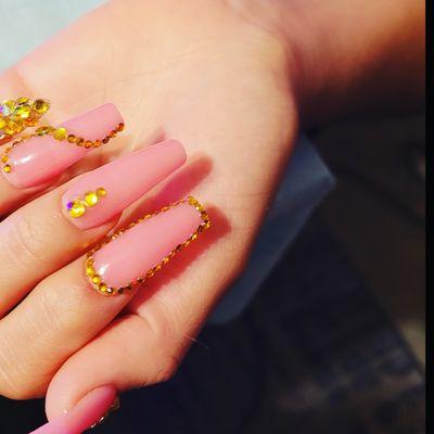 GEL-X PINK AND GOLD RHINESTONES