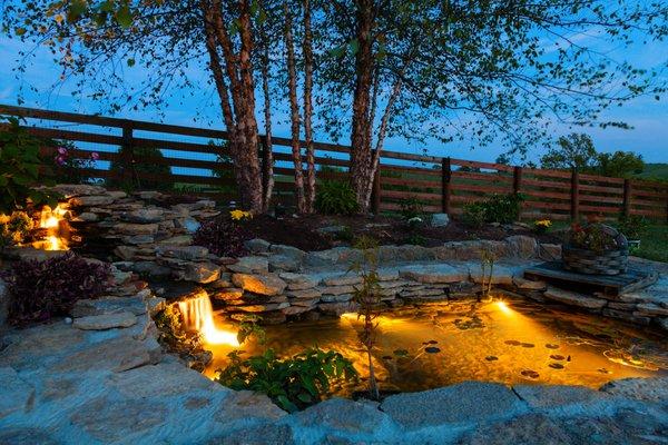 Calming backyard with a pond