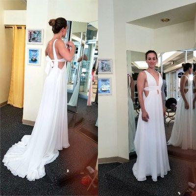 Final wedding dress with shortened hem, side taken in and straps adjustment