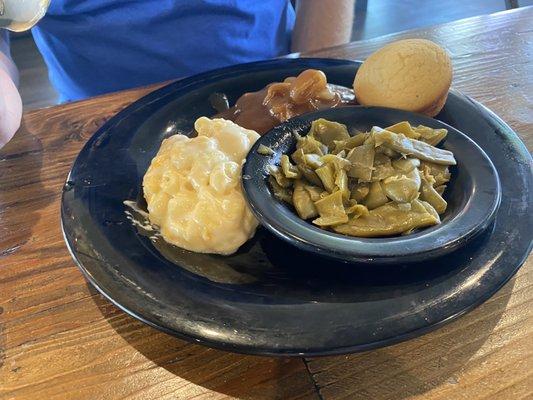 Hamburger steak, Mac and cheese, green beans, cornbread.