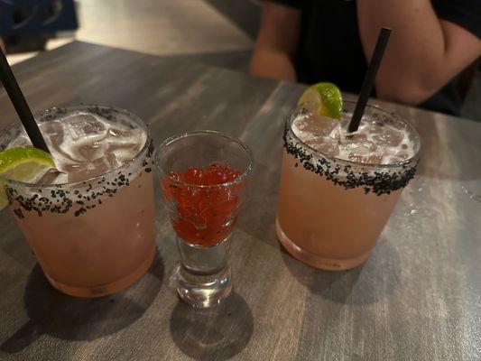 Dragon fruit pearls and prickly pear margaritas