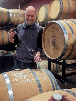 Winemaker Carl Helrich serving barrel samples to our wine club members.