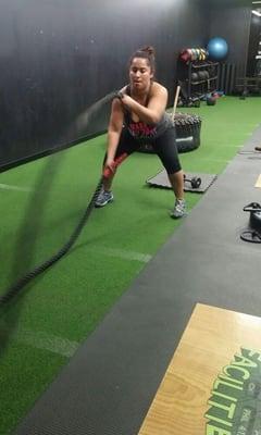 Dolores working hard at our battle rope station. Grind Time adults is circuit training for everyone!