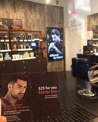 Interior of Aveda Men, a premier barbershop in downtown St. Petersburg, FL.