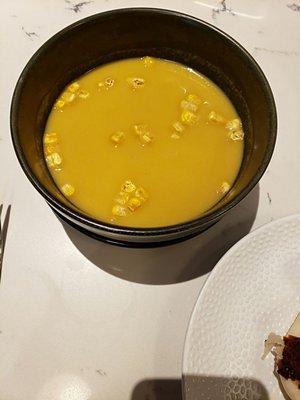 Corn Velvet soup with
gulf prawn dumplings