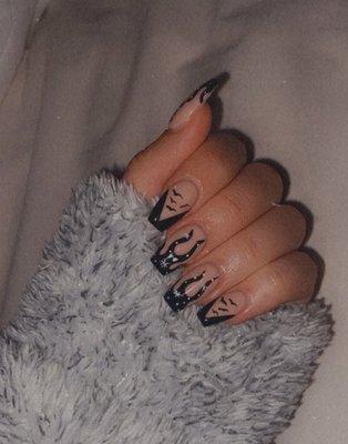 Black and nude Halloween design, coffin shape, acrylic nails.