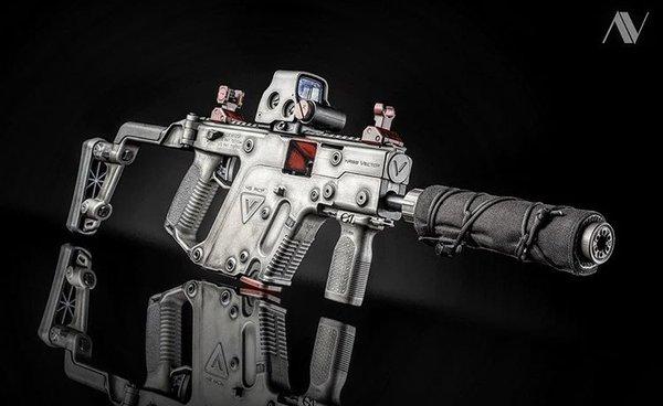 Armory Valentine - KRISS Vector, Cerakoted to look like Pounded Steel with red accents.