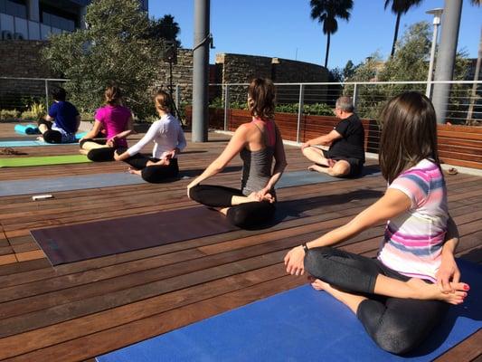 Morning yoga on the deck at PCT's park, The Grove