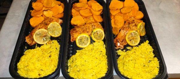 Meal Prep Grilled Lemon Butter Salmon with Sauté Sweet Potatoes and Yellow Rice