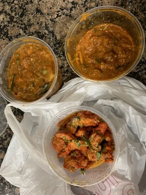 Chicken 65 (left), chicken masala (right), mixed vegetables (top)