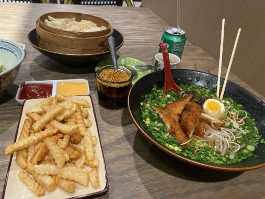 Chicken katsu Yaso soup, French fries & steamed chicken dumplings.