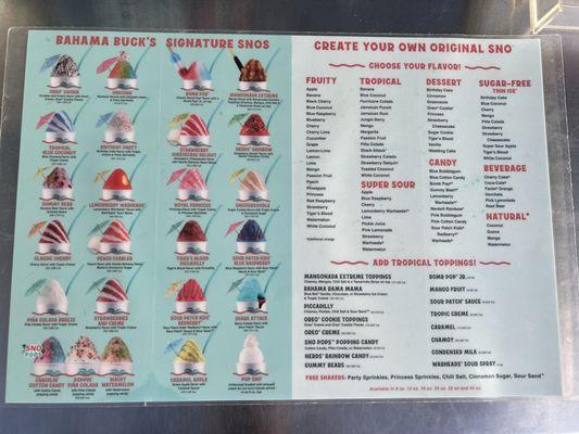 partial flavor menu for snow cones