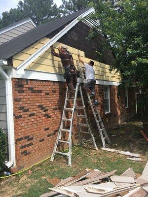 We took down rotten Masonite siding and replace it with hardi plank(cement)