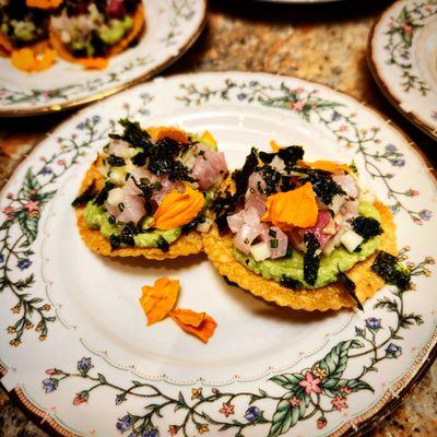 Hamachi Tostada with Apple, Chile and Nori