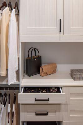 Custom closet in White Chocolate finish. Jewelry drawers