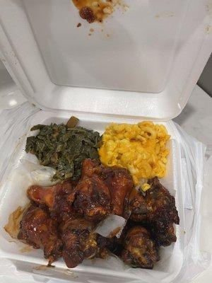 Sweet chili jerk wings/ bbq bacon wings with Mac and cheese and Collard Greens