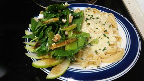 Fettuccine Alfredo, Spinach and Mint Salad with Green Apple, Goat Cheese, and Balsamic Vinaigrette