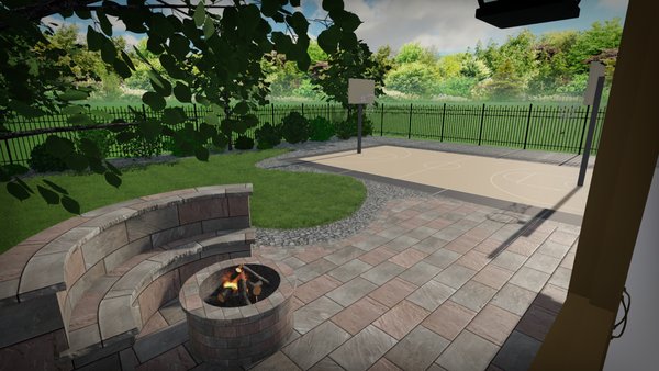 3D drawing of natural grass, paver patio, paver firepit, B-ball made with concrete, Varity of plants planted and river rock.