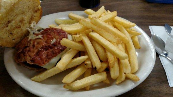 Bacon cheeseburger and pile o Fries.