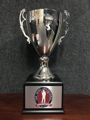 This trophy was customized with a full color printed front plate and etched vinyl on the cup to give it a personalized look.