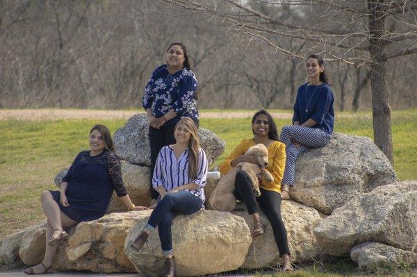 Meet our team. Left to Right Jasmine(Dental Asst), Patricia( Office Manager), Diana (Dental asst), Dr. Rajita Kodali and Dr. Pavithra Swami.