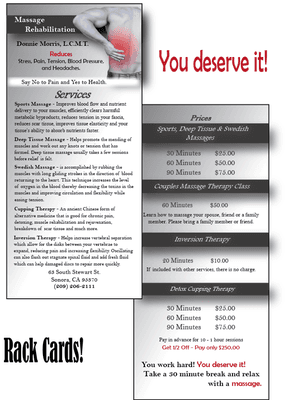 1000 qty 4" x 9" full color front and back on 14 pt Gloss paper just $249.00 Free Graphic Design