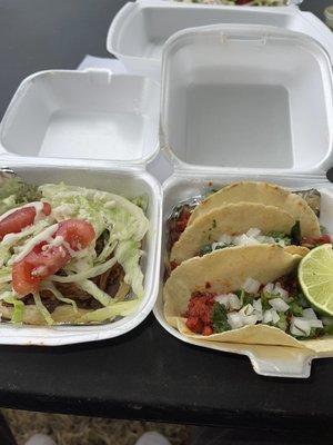 Sope (left) barbacoa, tacos (right) al pastor! DELICIOUS!