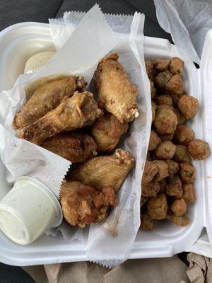 10 piece Chicken wings with lemon pepper sauce and ranch on the side with huge side of fried okra cooked to perfection!