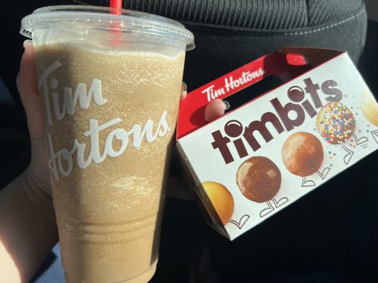 large vanilla supreme ice cap and small box of timbits