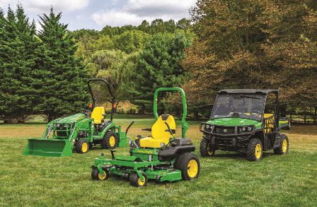 John Deere Gators, zero turn and lawn tractors.