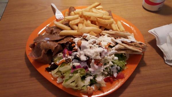 Doner plate - lamb and beef doner, salad with feta and tzatziki, pita, fries.