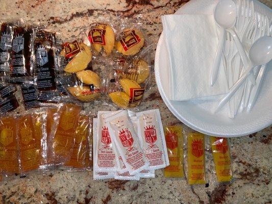 Condiments/ including the 'hot sauce' packets used for the hot & spicy dishes *instead* of real chilies