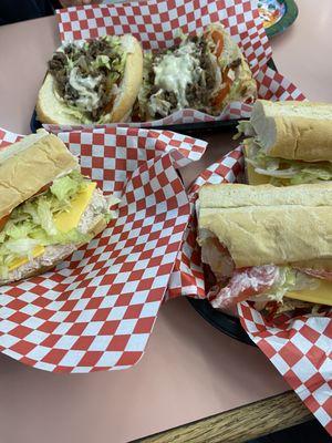 steak and cheese, tuna salad sandwich, and cold cut sandwiches